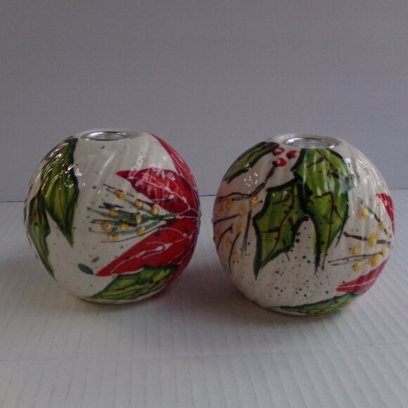 Vintage Christmas Bella Casa Ganz Ceramic Taper Candle Holders Poinsettia Shiny - Picture 7 of 15